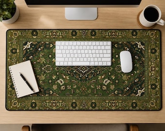 May include: A rectangular desk mat featuring a dark green background with an intricate, multi-colored floral and geometric pattern reminiscent of a traditional rug. The mat is positioned on a wooden desk under a white computer keyboard and mouse.