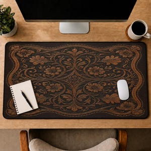 May include: A rectangular desk mat featuring a dark brown background with an embossed, intricate floral and scrollwork pattern in a lighter tan shade. The design includes symmetrical leaf motifs and flower blossoms across the surface.