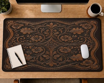 May include: A rectangular desk mat featuring a dark brown surface with an embossed, light brown floral and scrollwork pattern. The design includes symmetrical leaf motifs and flower blossoms centered across the mat, with a stitched border.