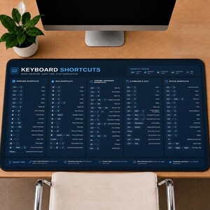 Keyboard Shortcut Desk Mat | Computer Cheat Sheet Mouse Pad | Windows Mac Chrome PC Reference Guide | Office Desk Accessory | Gift for Coder