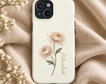May include: A cream-colored smartphone case featuring a botanical illustration of two pale pink chrysanthemum flowers with green leaves and the name Elizabeth printed in a gold cursive script on the lower right side.