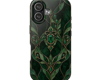 May include: A smartphone case featuring a dark green marble-like background with an intricate gold-lined pattern resembling leaves and vines, accented by multiple small emerald-colored gemstones and one central rectangular emerald gem.