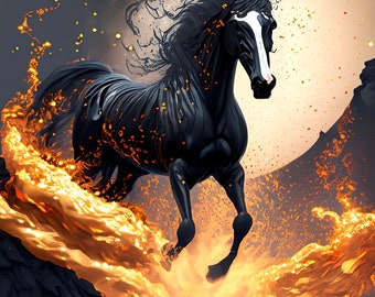 Stallion Through Fire | Digital Art Print, Wall Art, AI Generated, AI Art, Digital Download, Home Decor, Printable