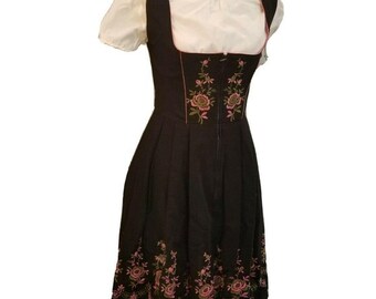 Heller Salzburger dress trachten dirndl blue embroidered vintage 70s Folk short above knee costume Oktoberfest Size UK 12