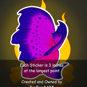 May include: A vibrant purple and pink fish sticker with a white outline. The sticker is 3 inches at the longest point. The text "Each Sticker is 3 inches at the longest point" and "Created and Owned by BonFire&ART" is visible on the sticker.
