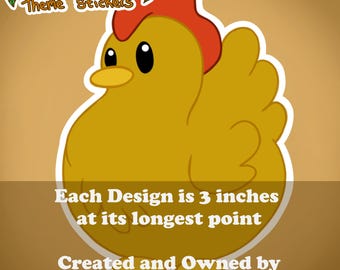May include: A yellow cartoon chicken sticker from the Stardew Valley theme. The sticker is 3 inches at its longest point. The sticker has a red comb and a white border. The text "Stardew Valley Theme Stickers" is at the top.