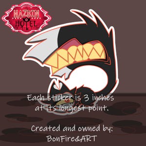 May include: A sticker featuring a cartoon character with a wide open mouth and sharp teeth. The sticker is black, white, red, and yellow. The text "HAZBIN HOTEL" is at the top. Each sticker is 7.6 cm at its longest point.