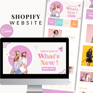 Feminines Ästhetisches Shopify Theme | Rosa Shopstifte Vorlage | Feminines, minimalistisches & süßes Design | Bearbeitbare Canva-Vorlagen
