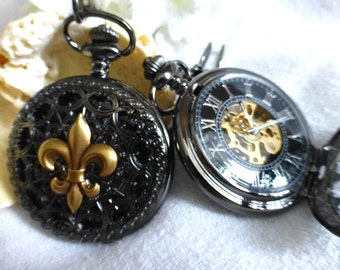 Mens Pocket Watches - 2x Fleur de Lis Watches  -Steampunk Pocket Watches for Wedding, Gift for Groomsmen -Mechanical Watches