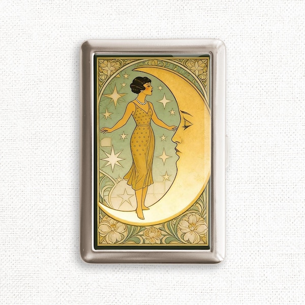 Vintage Woman and Moon Art Nouveau Cigarette Case Vintage Floral Flower Holder Wallet