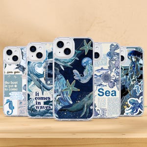 May include: Set of five phone cases with ocean-themed designs. The cases feature whales, starfish, jellyfish, and other sea creatures. The text on the cases reads "i love you", "the best is yet to come", "it comes in waves", "Sea", and a text-heavy design.