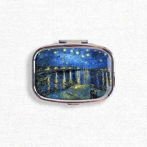 Vincent Van Gogh Starry Night Small Pill Box Case - Stars Moon Medicine Container, Vitamins Organizer, Gum Tic Tacs Mint Holder, Travel Size
