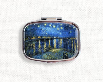 Vincent Van Gogh Starry Night Small Pill Box Case - Stars Moon Medicine Container, Vitamins Organizer, Gum Tic Tacs Mint Holder, Travel Size