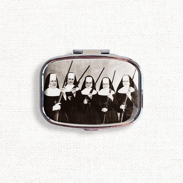 Nuns with Guns Small Pill Box Case - Nun Retro Kitsch Campy Medicine Container, Vitamins Organizer, Gum Tic Tacs Mint Holder, Travel Size