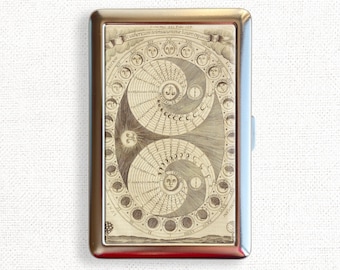 May include: A silver metal cigarette case with a vintage illustration of a celestial chart depicting the phases of the moon and sun. The chart is in black and white and features a circular design with a central sun and moon.