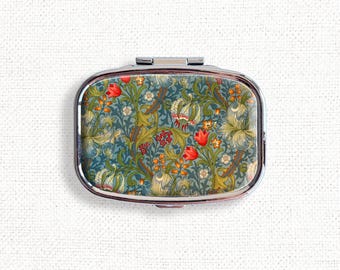 William Morris Golden Lily Vintage Small Pill Box Case - Cute Medicine Container, Vitamins Organizer, Gum Tic Tacs Mint Holder, Travel Size