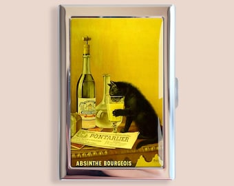 Absinthe Bourgeois Black Cat Poster Credit Card Holder Vintage Floral Flower Business Card Case Mini Card Wallet Gift