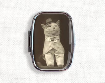 Cute Dunce Cat Small Pill Box Case - Crazy Cat Lady Medicine Container, Vitamins Organizer, Gum Tic Tacs Mint Holder, Travel Size