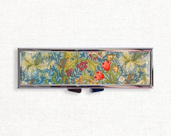 Étui à pilules vintage Golden Lily William Morris - joli contenant de médicaments, organisateur hebdomadaire de 7 jours, support de vitamines, boîte à bijoux