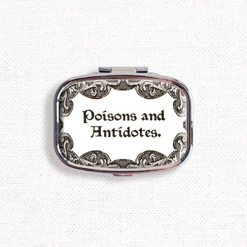 Poisons and Antidotes Small Pill Box Case - Medicine Container, Vitamins Organizer, Gum Tic Tacs Mint Holder, Travel Size