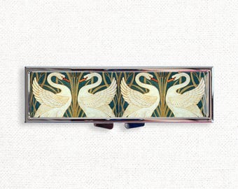 William Morris Art Nouveau Swans Pill Box Case - Cute Medicine Container, Weekly 7 day Organizer, Vitamins Holder, Trinket Box