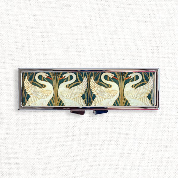 William Morris Art Nouveau Swans Pill Box Case - Cute Medicine Container, Weekly 7 day Organizer, Vitamins Holder, Trinket Box