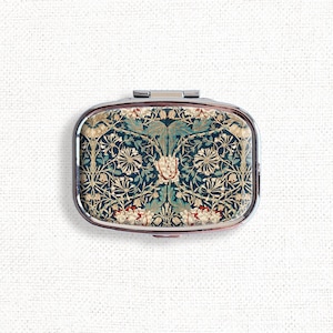 William Morris Honeysuckle Vintage Cute Small Pill Box Case - Medicine Container, Vitamins Organizer, Gum Tic Tacs Mint Holder, Travel Size
