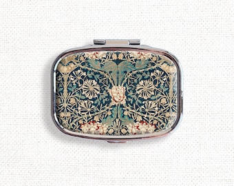 William Morris Honeysuckle Vintage Cute Small Pill Box Case - Medicine Container, Vitamins Organizer, Gum Tic Tacs Mint Holder, Travel Size