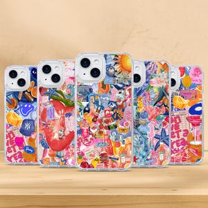 Jolie coque de portable rose orange avec collage de fruits d'été pour Apple iPhone 16, Samsung Galaxy et Google Pixel 9
