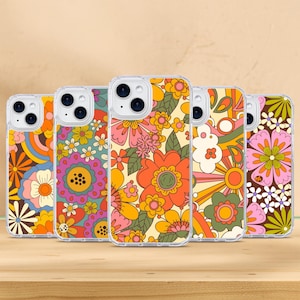 Étui de téléphone groovy rétro des années 70, coque florale hippie des années 70, adaptée pour Apple iPhone, Samsung Galaxy et Google Pixel