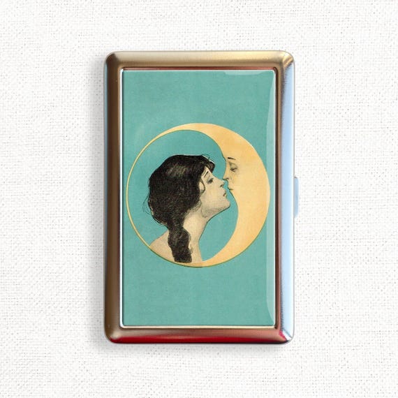 vintage ladies cigarette case Vintage Woman Kissing Moon Art Nouveau Cigarette Case Vintage Floral Flower  Holder Wallet