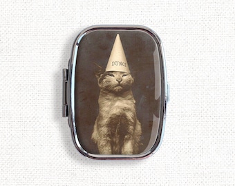 Dunce Cat Small Pill Box Case - Cute Cat Lover Medicine Container, Vitamins Organizer, Gum Tic Tacs Mint Holder, Travel Size
