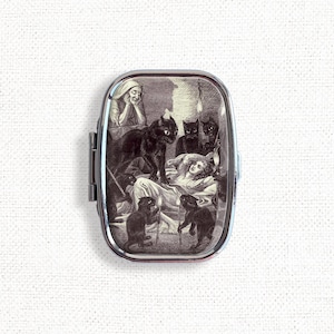 Black Cat Attack Small Pill Box Case - Vintage Goth Dark Art Medicine Container, Vitamins Organizer, Gum Tic Tacs Mint Holder, Travel Size