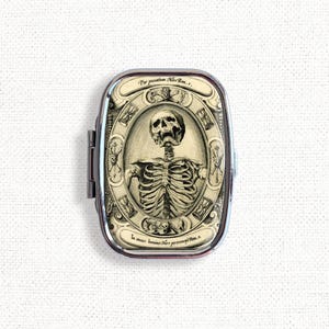 Memento Mori Small Pill Box Case - Goth Skeleton Skull Medicine Container, Vitamins Organizer, Gum Tic Tacs Mint Holder, Travel Size