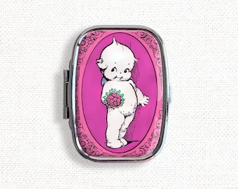 Pink Kewpie Small Pill Box Case - Cute Medicine Container, Vitamins Organizer, Gum Tic Tacs Mint Holder, Travel Size