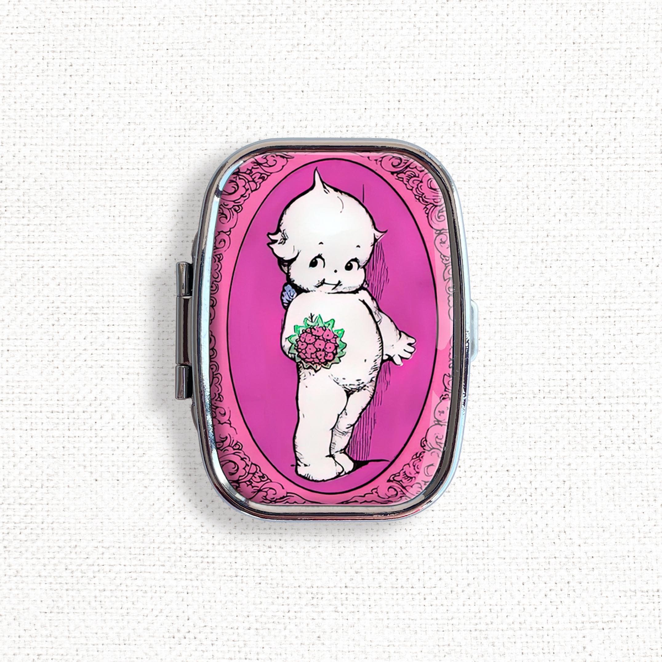 Pink Kewpie Small Pill Box Case - Cute Medicine Container, Vitamins Organizer, Gum Tic Tacs Mint Holder, Travel Size