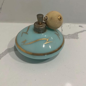 Vintage 1940s DeVilbiss Blue Perfume Bottle with Original Leather Puff | Powder Blue and Gold | Vanity | Bedroom Decor | Knick Knacks |