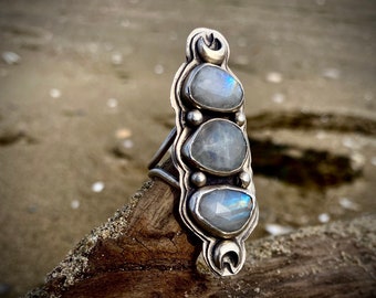 Big Sterling Silver Moonstone Crescent Moons Statement Ring