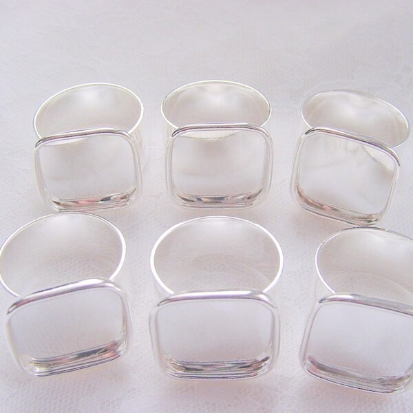6 Square Ring Blanks Sterling Silver Plated Adjustable Wide Band  (No. ND112) 5/8 Inch (16mm)