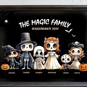 May include: A black and white Halloween family portrait with a black background. The family is dressed as skeletons and ghosts. The text "The Magic Family Halloween 2024" is at the top of the image. The names of each family member are written below their image: Emma, Daddy, Maggie, Mommy, Mike, Nana.