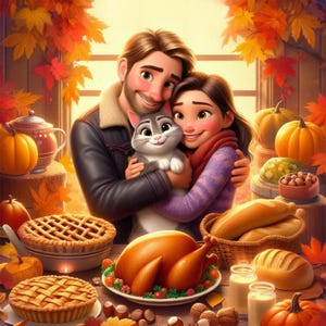 Custom Cartoon Portrait from Photo, Pet & Owner Portrait, Thanksgiving Portrait, Family Portrait, Thanksgiving Decor, Digital File Download