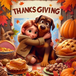 Custom Cartoon Portrait from Photo, Pet & Owner Portrait, Thanksgiving Portrait, Family Portrait, Wall Decor, Canvas/Framed Poster Print