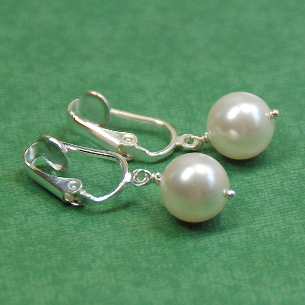 WHITE Pearl Clip On Earring Swarovski Elements Single Pearl