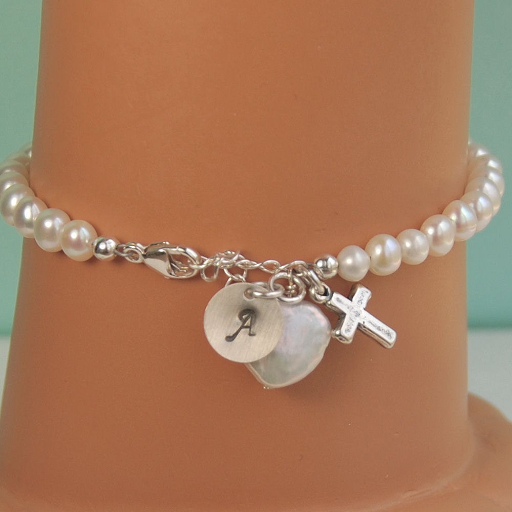 Girl First Communion Gift Bracelet with Cross Heart Pearl Etsy