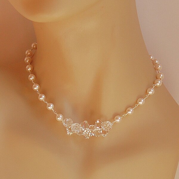 Bridal Necklace - Swarovski Clear Crystal & White Pearl - Weddings, Bridesmaids, Brides - Sterling Silver - The Ice Princess Necklace