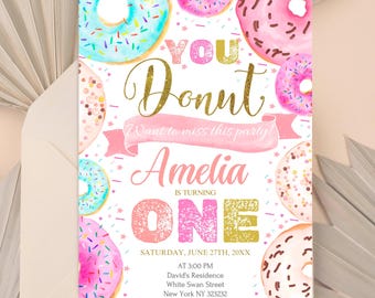 Editable Donut Birthday Invitation, Girl Donut Theme, Pink Donuts Template Invite