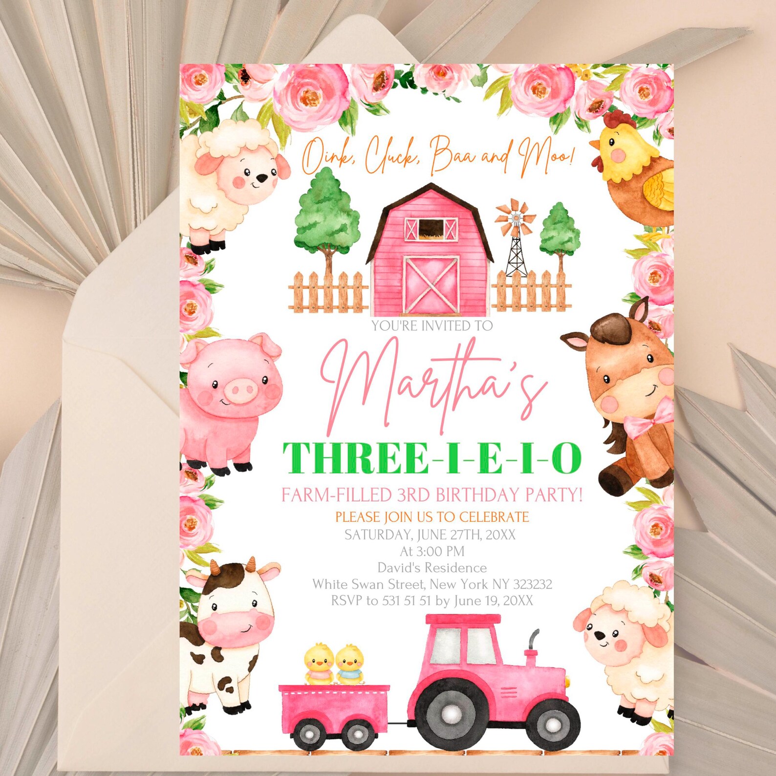 Three I-E-I-O Editable Invitation: Girls 3rd Birthday, Farm Theme ...