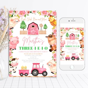May include: A farm-themed birthday party invitation featuring a pink barn, tractor, and various farm animals. The invitation includes the text "Martha's THREE-I-E-I-O FARM-FILLED 3RD BIRTHDAY PARTY!" surrounded by floral accents. A matching design is displayed on a smartphone.