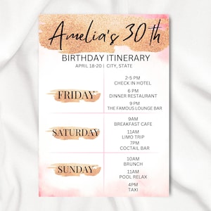 Plantilla de itinerario de fin de semana de cumpleaños editable, fin de semana de cumpleaños, itinerario de vacaciones de cumpleaños, plantilla de itinerario minimalista, itinerario en oro rosa