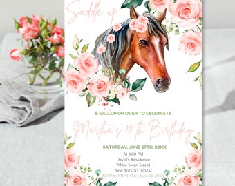 Editable Horse Birthday Party Invitation, Printable Girl Birthday, Blush Pink Floral Invite, Any Age